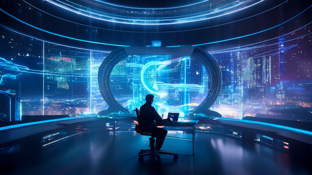 A data analyst in a futuristic digital marketing center is using AI customer prediction models and personalized email marketing strategies to optimize cross-border e-commerce customer acquisition.