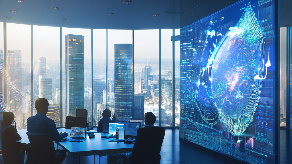 未来城市中的办公大楼内，数据科学家利用AI技术进行个性化邮件营销，提升邮件打开率和客户获取效率。