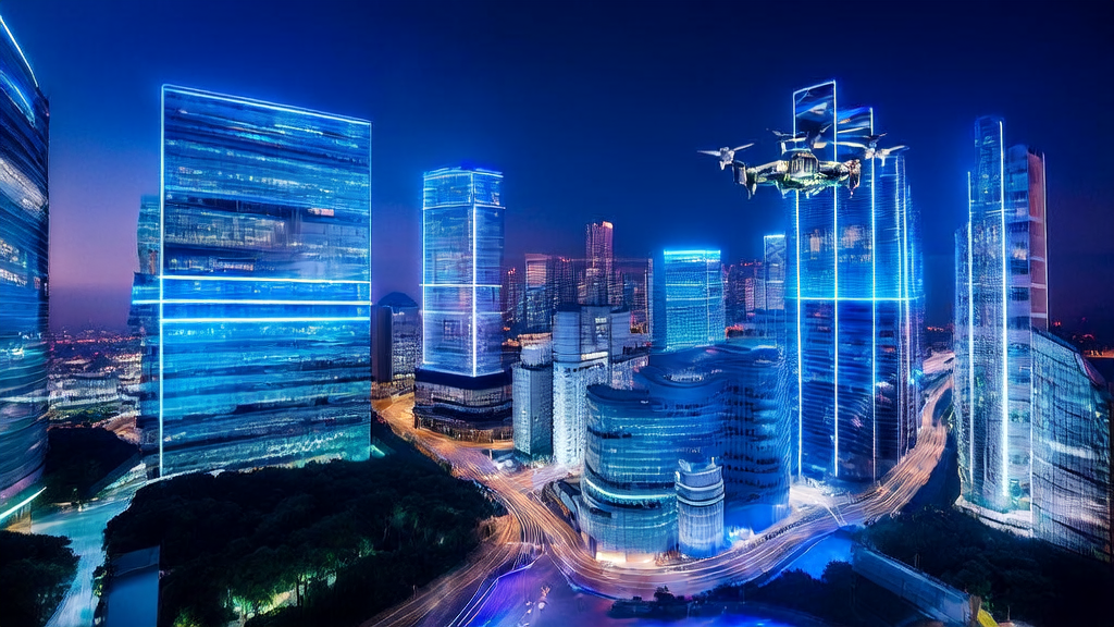 In a modern office building in a futuristic city, a marketing team utilizes an AI-driven customer acquisition system for personalized email marketing, with an efficient smart manufacturing plant visible outside the window.