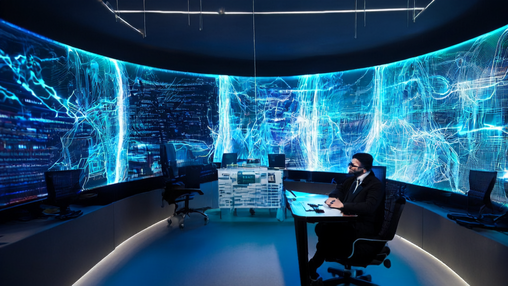 In a futuristic office, a cross-border e-commerce manager uses the MuleRun 2.0 platform for personalized email marketing, with a wool felt panda wearing a wide-brimmed hat on the background wall.