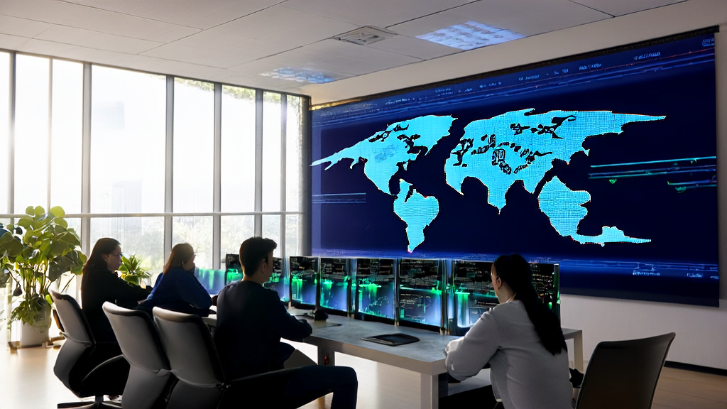 现代化办公室内员工利用AI技术进行个性化邮件营销，背景为全球地图和RISC-V芯片模型