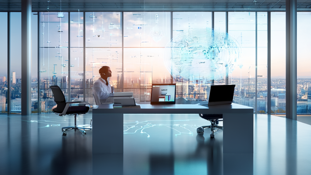 电商经理在现代化办公室中利用AI进行个性化邮件营销