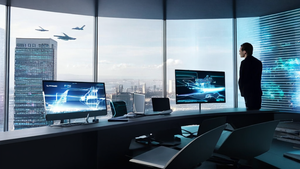 A futuristic office where a young manager uses Norton Neo browser for personalized email marketing