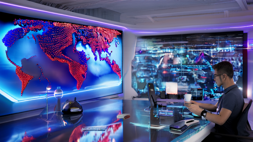 未来办公室中，年轻创业者正在使用AI智能获客系统优化个性化邮件营销，提升外贸业务的邮件打开率与转化效率。