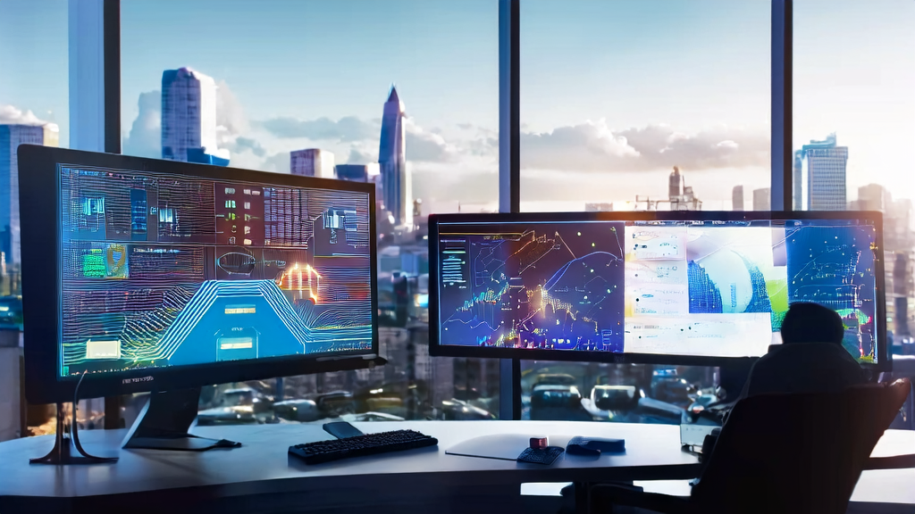 In a modern office bathed in sunlight, a data analyst is using an AI-driven email marketing platform for customer acquisition analysis.