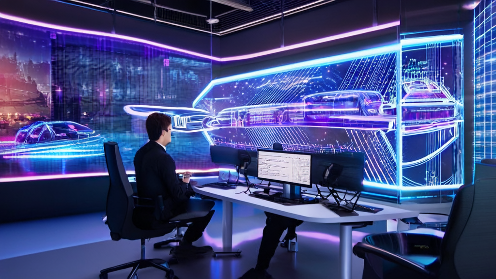 A tech-savvy entrepreneur analyzing data using AI-driven personalized email marketing tools in a futuristic office