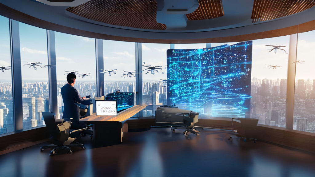 AI驱动的个性化邮件营销系统在现代化办公室中运作，展示数据分析和用户画像的结合。