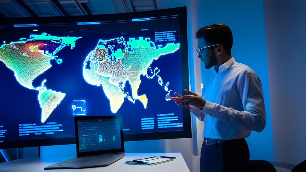 In a futuristic office, an entrepreneur interacts with global customers via a smart screen, showcasing AI-driven personalized email marketing