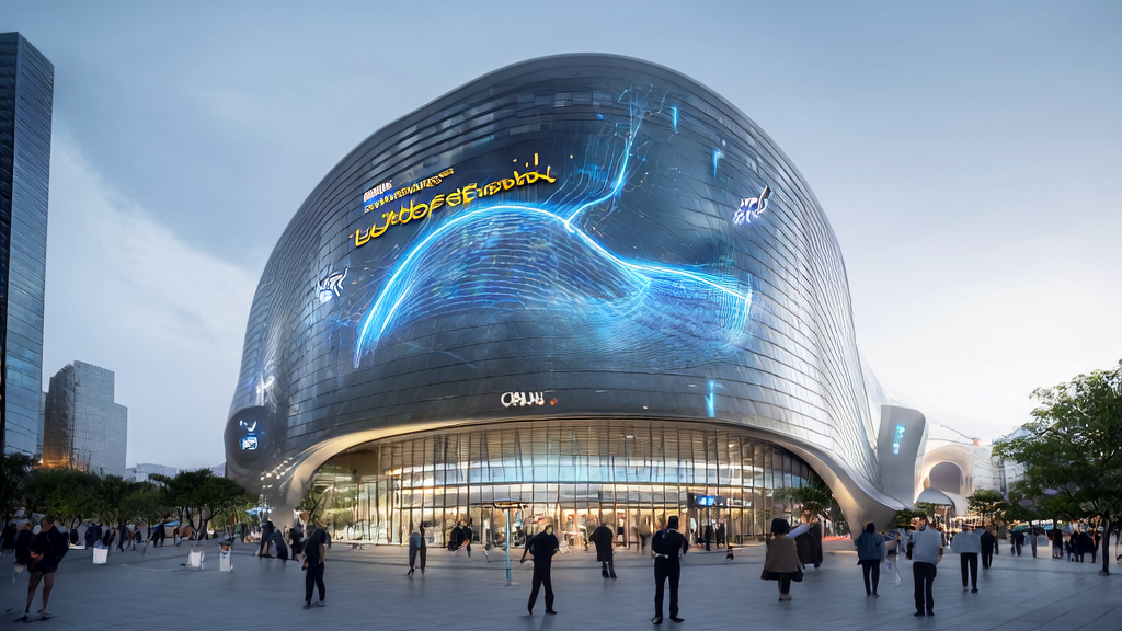 Office scene in a futuristic city showcasing AI-driven personalized email marketing