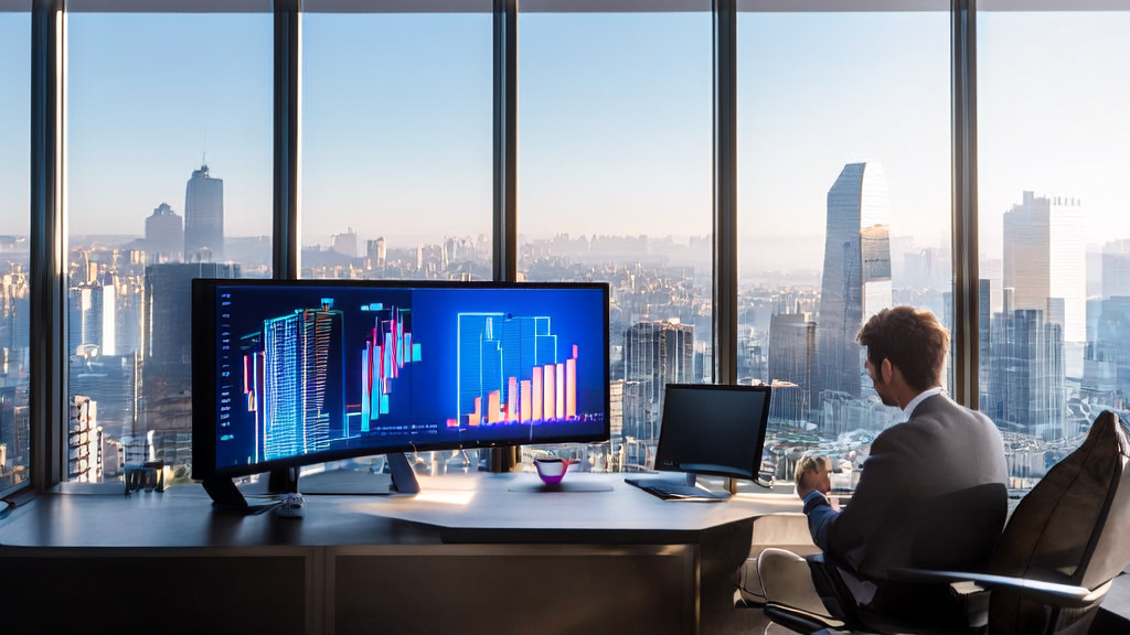 阳光明媚的现代化办公室中，年轻职场人士正在查看AI智能获客系统的个性化邮件营销分析报告，墙上挂着由腾讯混元3D Studio制作的3D图像。