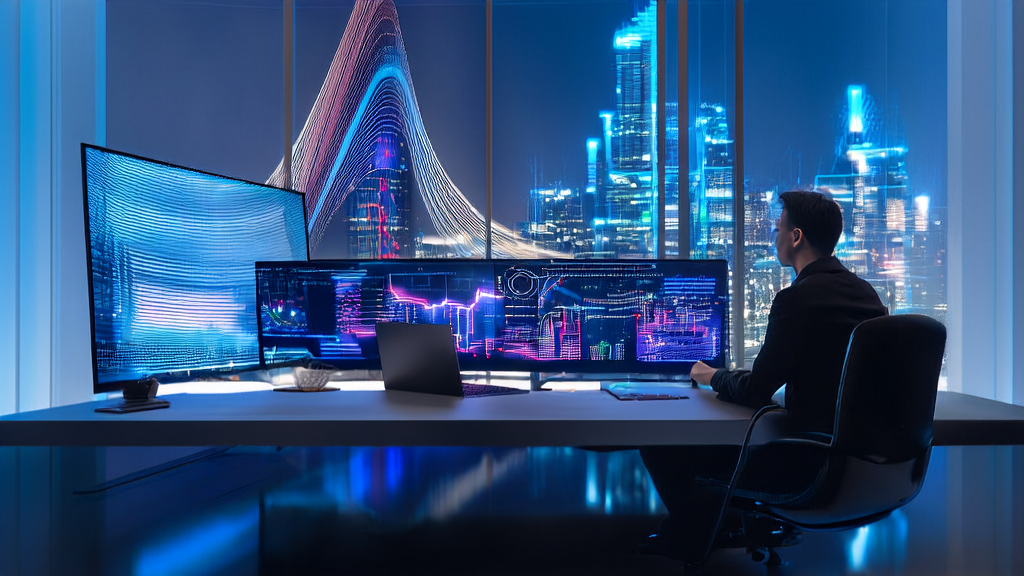 Data analyst using AI-driven personalized email marketing system in a modern office