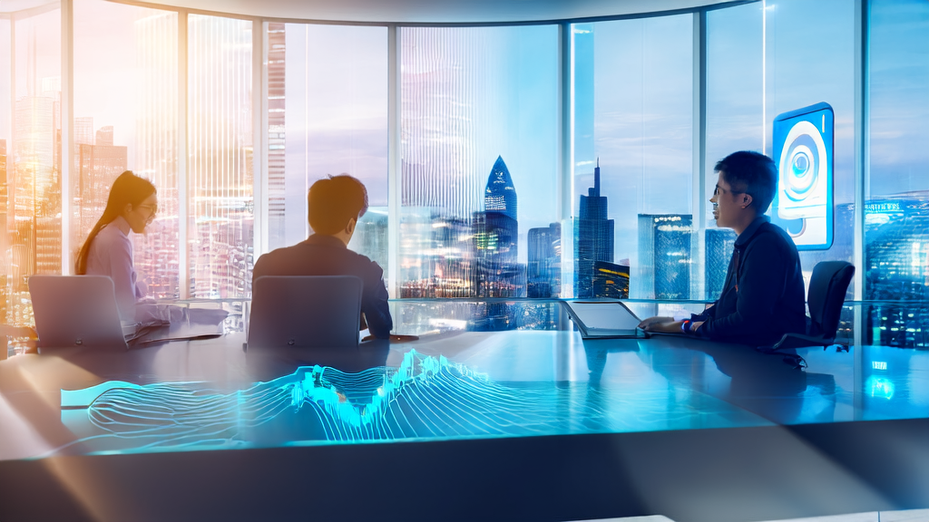 Entrepreneur using AI-driven customer acquisition system for personalized email marketing in a futuristic city