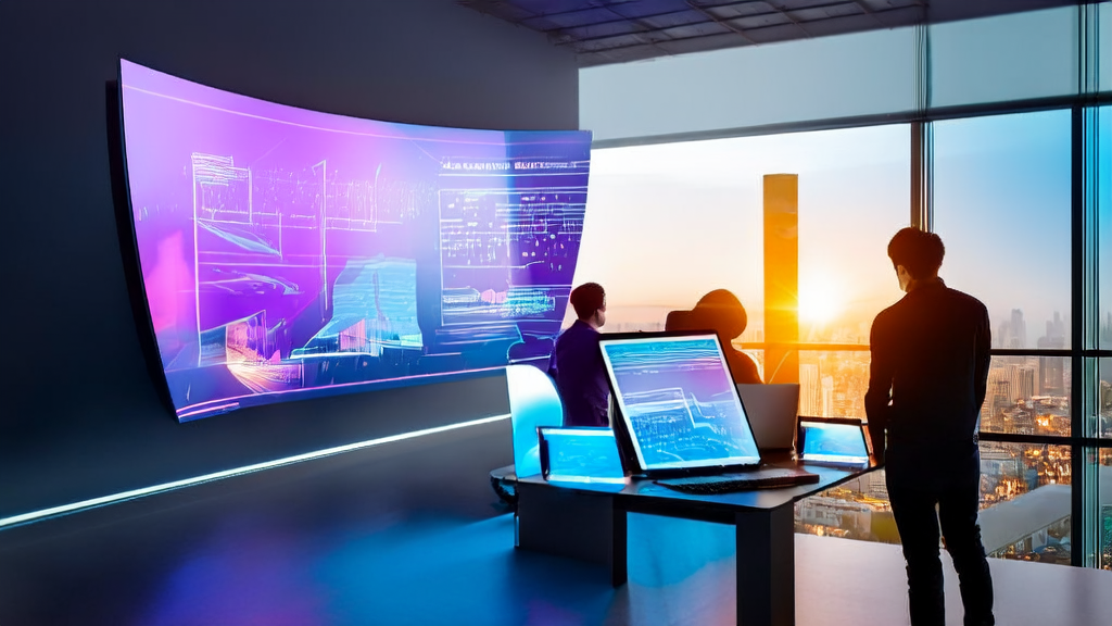 在充满科技感的办公室中，团队利用AI客户预测模型和Manus浏览器操作界面实现超个性化邮件营销。