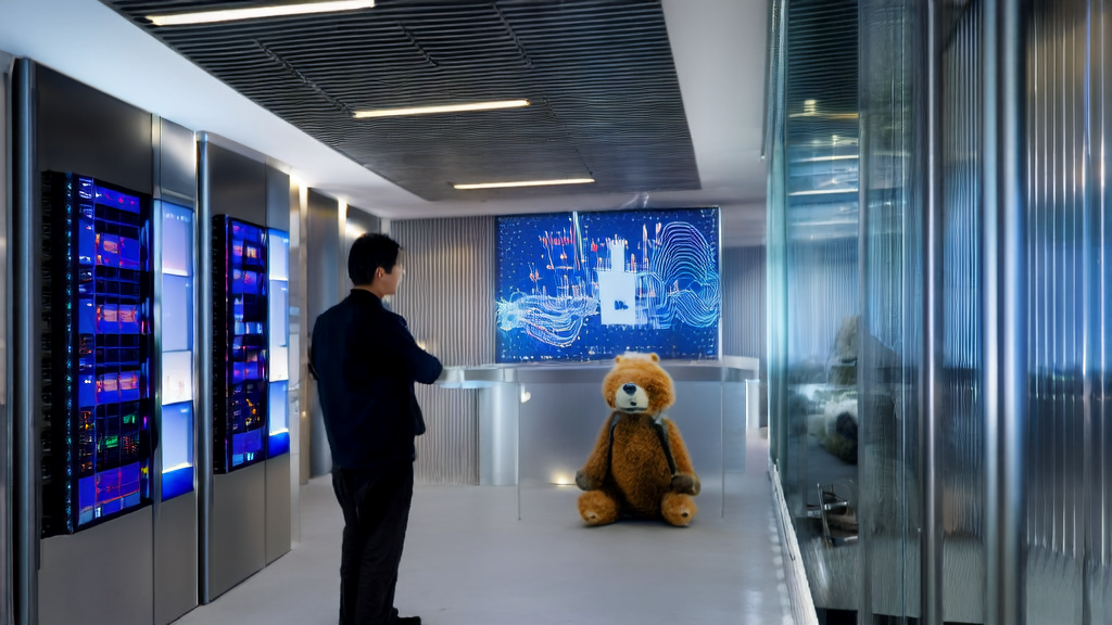 A marketing expert using AI-driven personalized email marketing in a high-tech office, with a cute wool felt panda nearby.