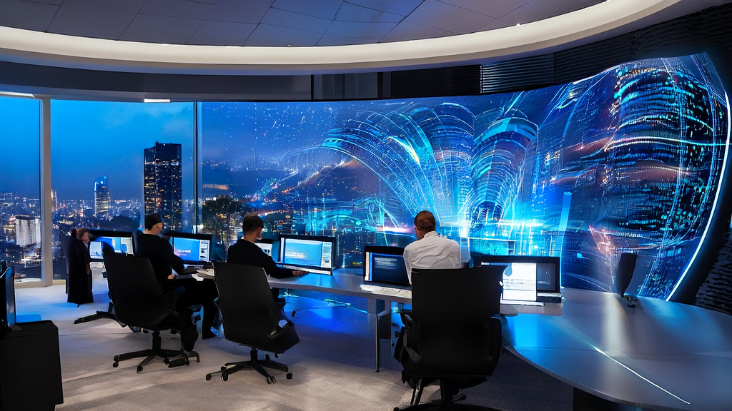 在现代化办公室中，工程师们利用AI技术进行个性化邮件营销，展示英伟达和英特尔的合作成果。