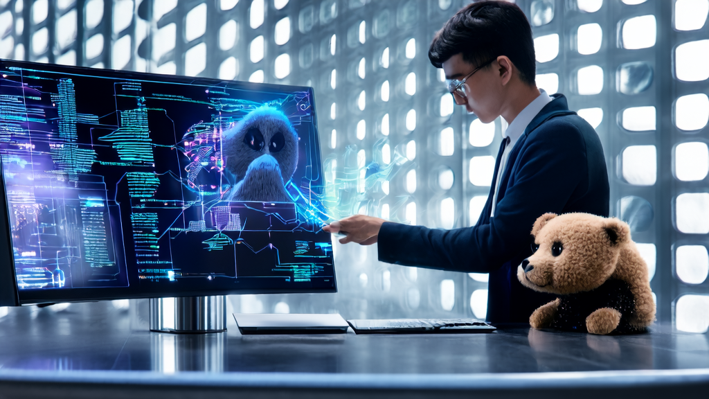 In a futuristic office, a marketing expert uses AI technology for personalized email marketing, with sunlight streaming through the windows and a wool felt panda in the corner.