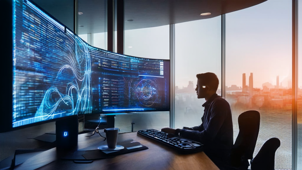 现代化办公室中，创业者利用AI技术进行个性化邮件营销，实现高效获客。