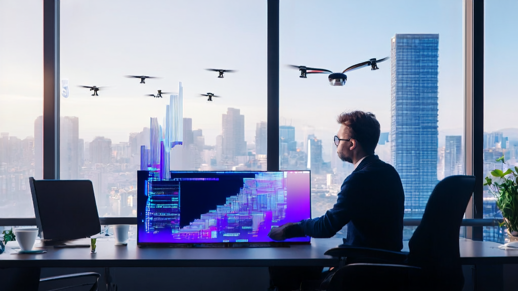 Young entrepreneur in a futuristic office using AI technology for personalized email marketing to boost customer acquisition