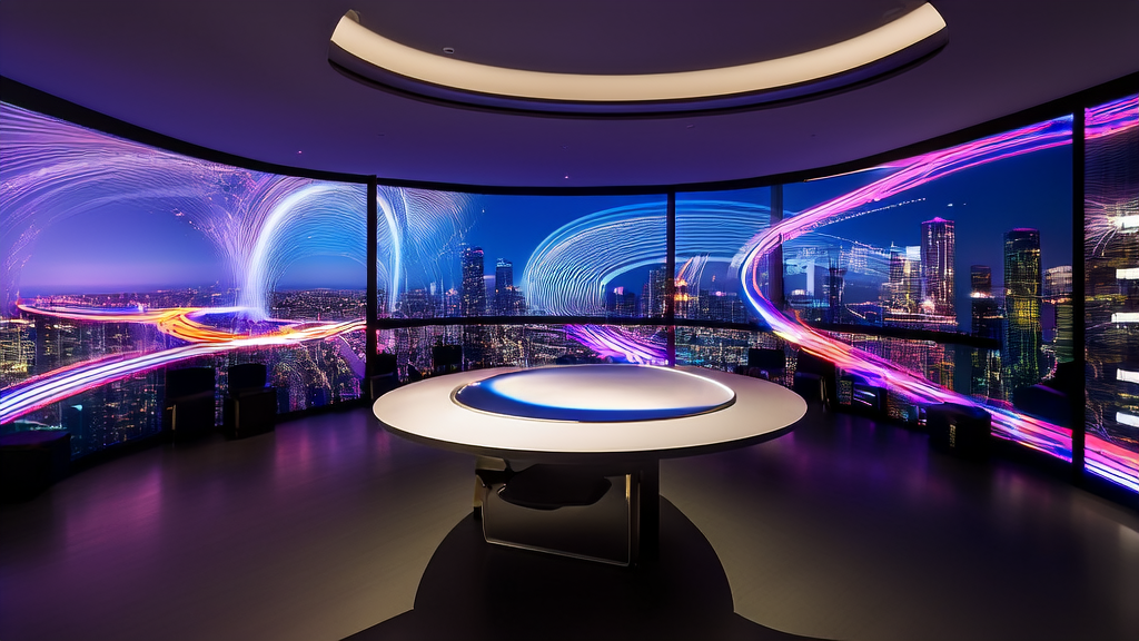 充满未来感的办公室内，营销团队利用AI技术进行个性化邮件营销，Luma AI Ray3设备在角落高效运行。