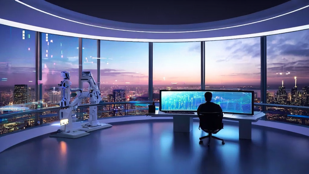 未来感办公室中，数据分析师使用AI技术进行个性化邮件营销的数据分析