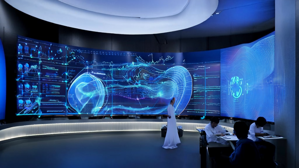 数据科学家们在充满科技感的办公室中利用AI进行个性化邮件营销