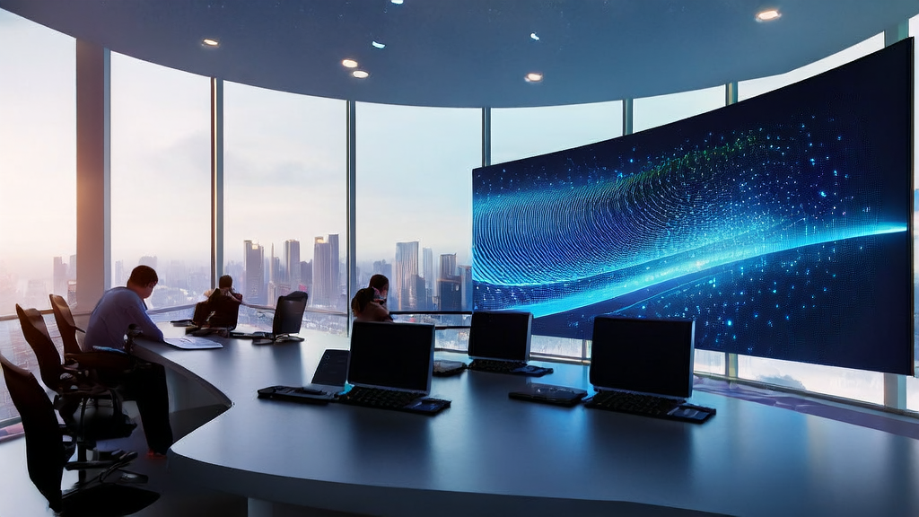 Tech professionals in a futuristic office using AI for personalized email marketing