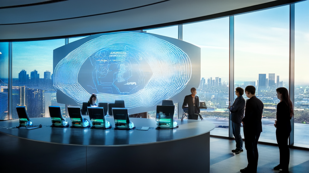 A modern office where a team discusses AI-driven personalized email marketing strategies around a large display