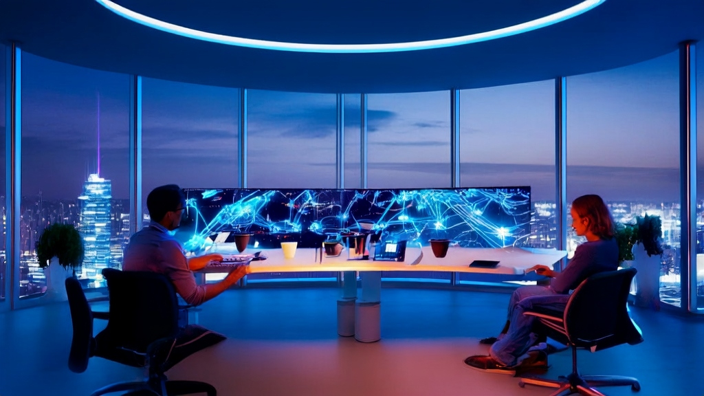 In a night office, an entrepreneur is optimizing email marketing strategies using AI technology, with Sora2-generated artwork displayed.
