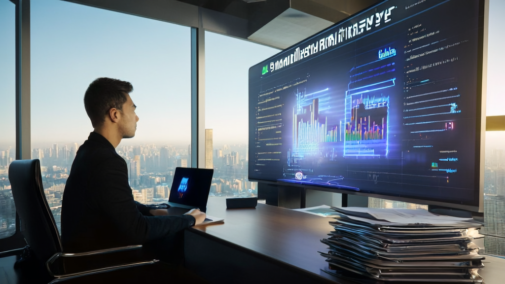 年轻创业者在充满科技感的办公室中利用AI技术进行个性化邮件营销