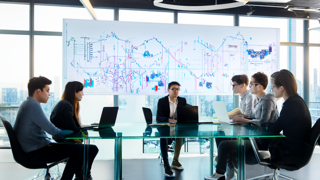 几名创业者在现代化办公室中讨论AI驱动的个性化邮件营销方案，窗外是繁华的城市景象。