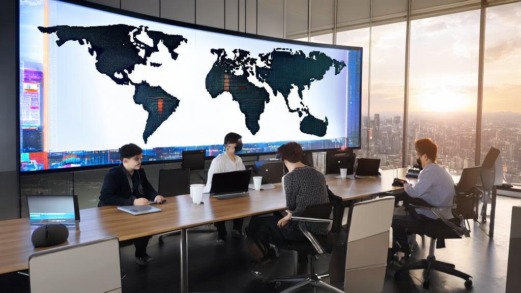 Young entrepreneurs in a modern office using AI-driven personalized email marketing system, with a world map and cityscape in the background
