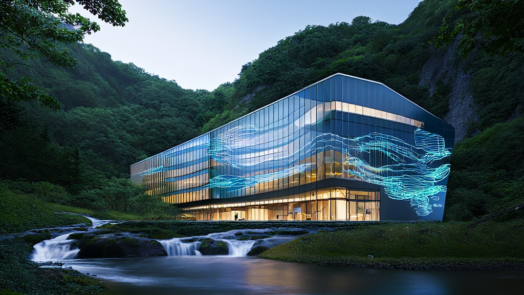 现代化办公室大楼前的巨大电子屏幕展示AI驱动的个性化邮件营销解决方案，周围是美丽的自然景观