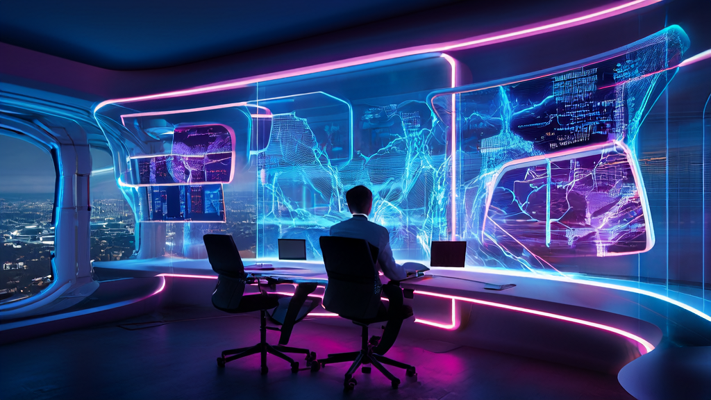 In a futuristic office setting, a marketing manager analyzes AI-driven personalized email marketing strategies
