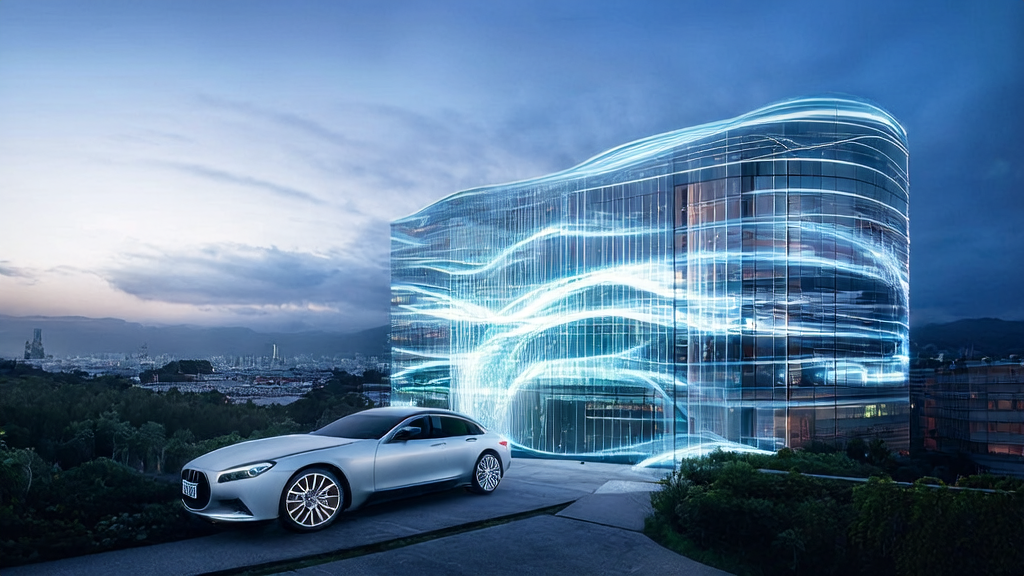 In a futuristic office building, staff are using an AI-driven customer acquisition system to optimize email marketing strategies, showing data streams of personalized email generation and real-time feedback.