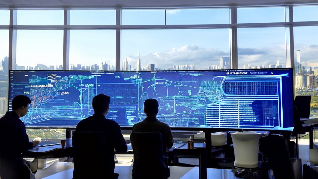 阳光照耀下的现代办公室，团队围绕AI智能获客系统讨论邮件营销策略