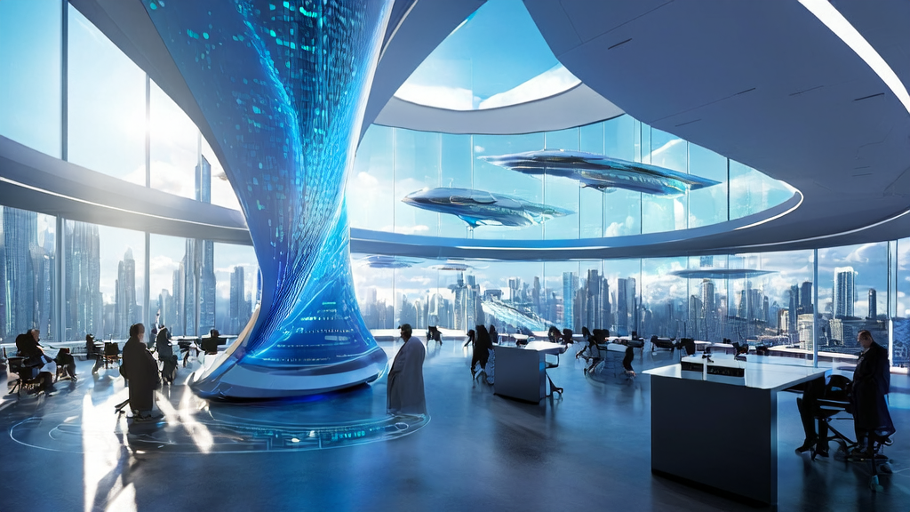 展示AI智能获客系统和代码世界模型的未来科技城市办公场景