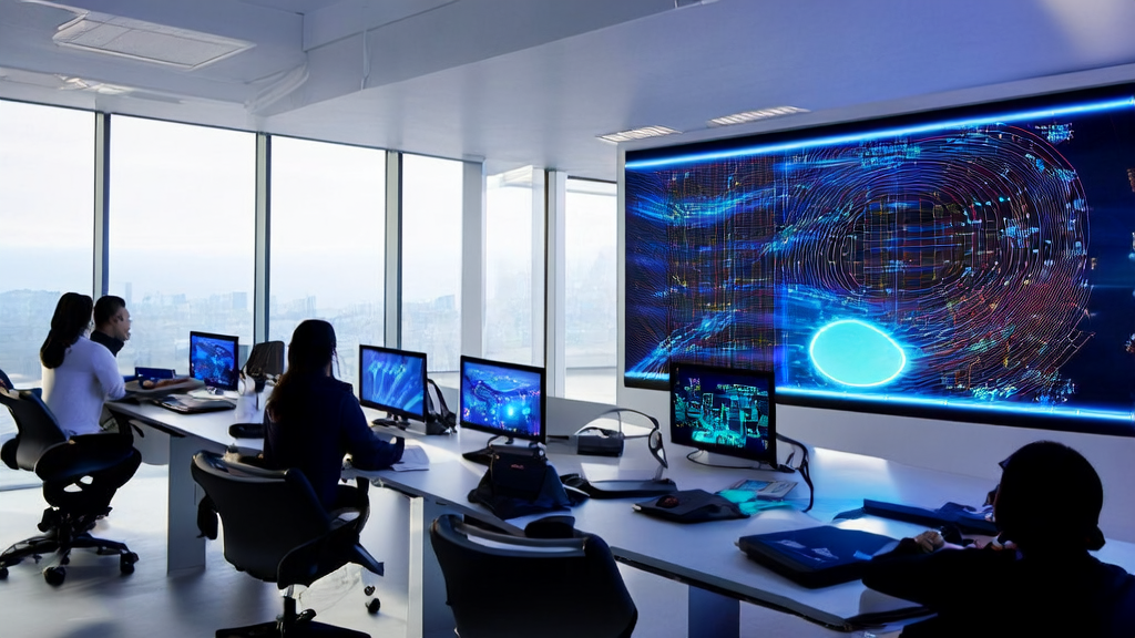 现代化办公室内的员工使用AI智能获客系统优化邮件营销策略，背景是阳光明媚的窗外景色和高效运行的RISC-V服务器。