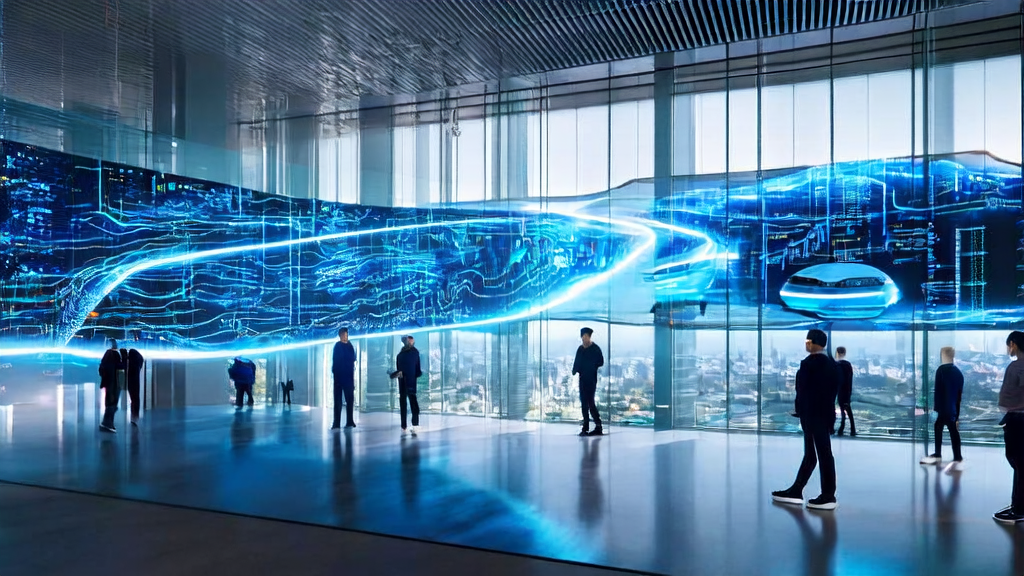 Inside a futuristic office building, data scientists are using AI technology for personalized email marketing analysis