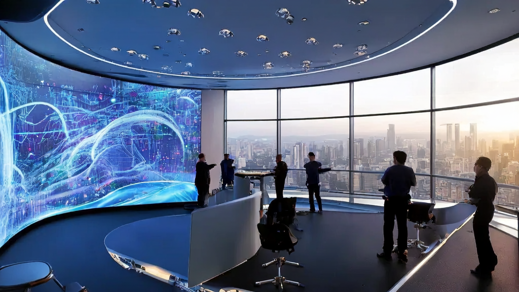 Engineers discussing the latest AI-driven personalized email marketing advancements in a futuristic Xiaomi office