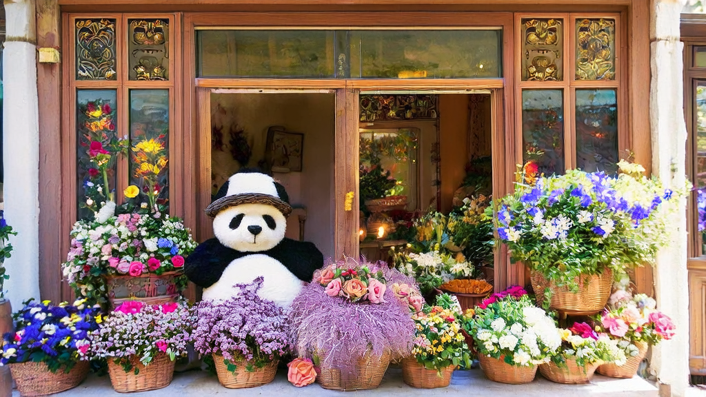 阳光下的精致花店，由羊毛毡制成的大熊猫戴着大檐帽为顾客服务
