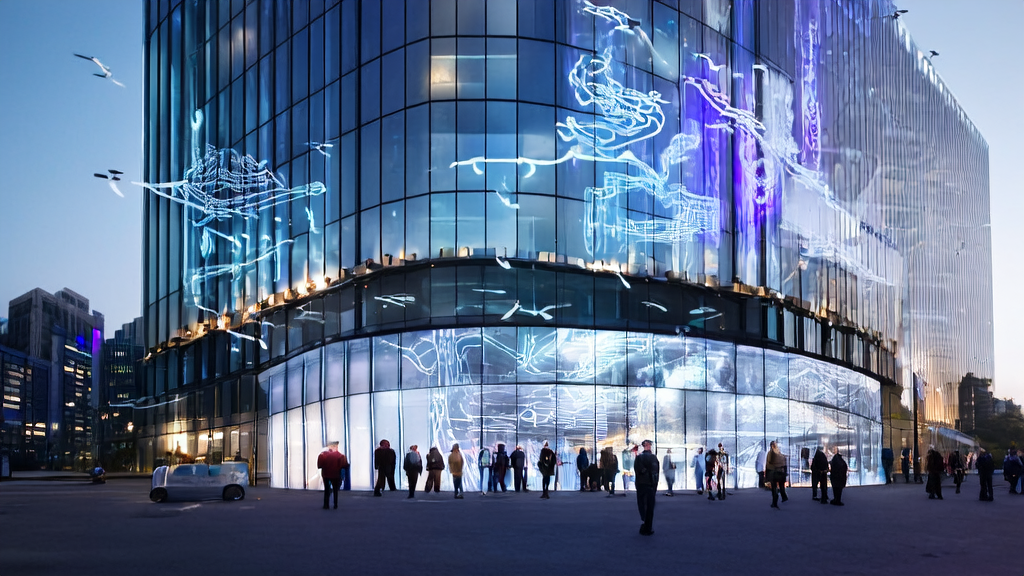 未来城市的现代化办公楼前，展示了谷歌神经操作系统原型和AI智能获客系统的应用，强调AI驱动的个性化营销。