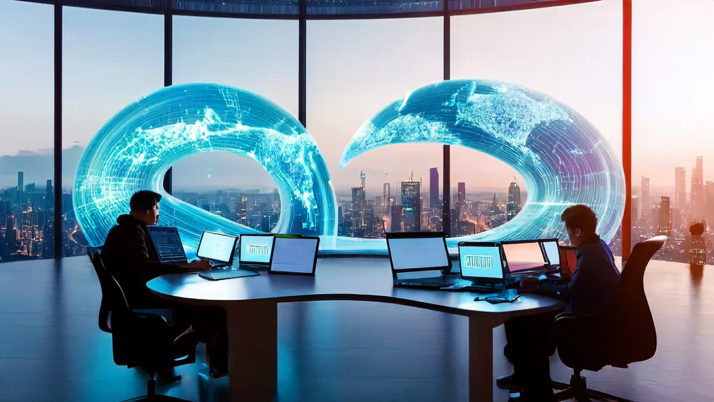 未来感办公室中,团队围绕AI驱动的个性化邮件营销方案讨论,窗外是繁华的城市天际线。