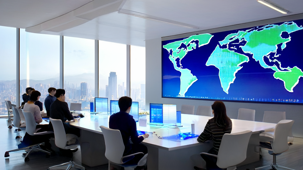A modern office team discussing AI-driven personalized marketing strategies with real-time data analysis displayed on a large screen, city skyline in the background.