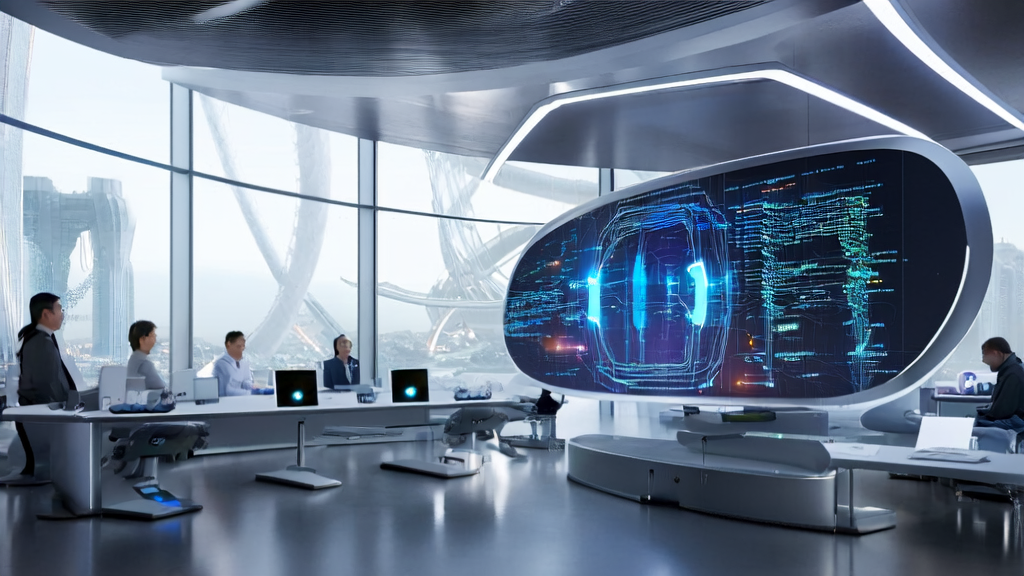 In a futuristic office, staff are using AI technology to optimize email marketing strategies and improve open rates.
