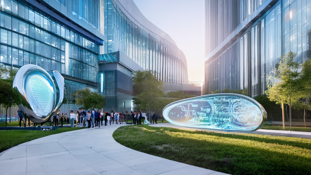 AI驱动的个性化营销策略：一群人在阳光明媚的办公园区中讨论最新的营销方案