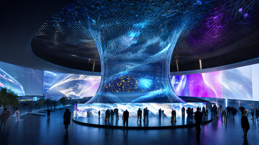 未来城市的广告控制中心，展示AI驱动的多模态广告投放技术