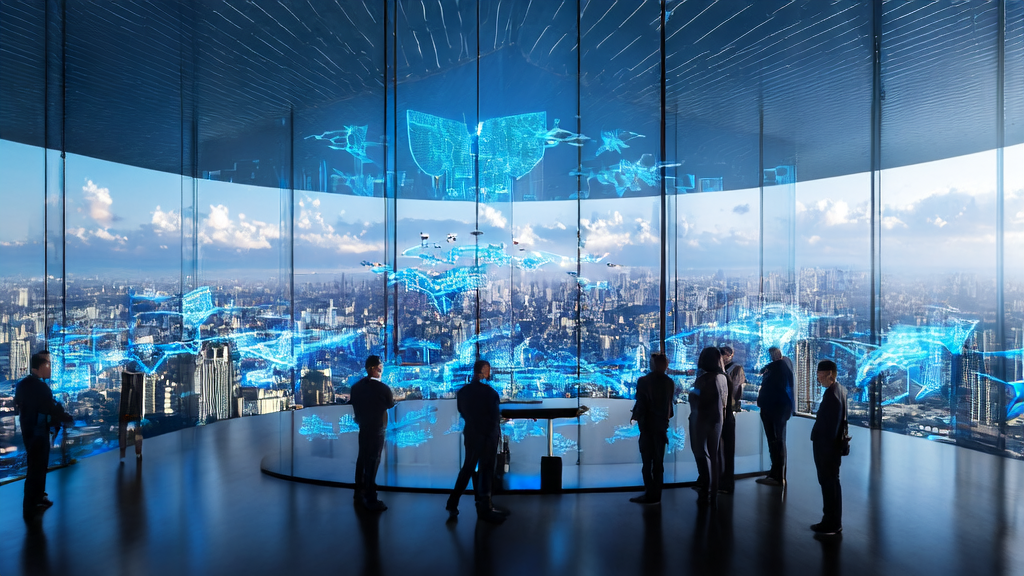 AI-driven precise advertising in cross-border e-commerce in 2025, showcasing entrepreneurs using smart screens to monitor global market dynamics in a modern office building, with a drone carrying an advertisement flying over the city skyline.