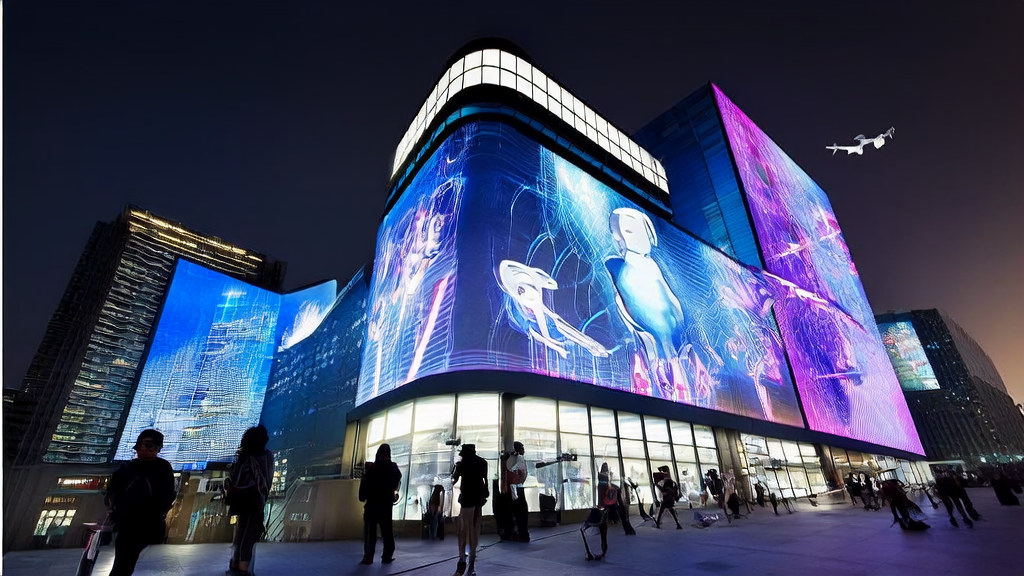 A futuristic city skyscraper displays AI-generated personalized ads, attracting passersby to stop and watch.