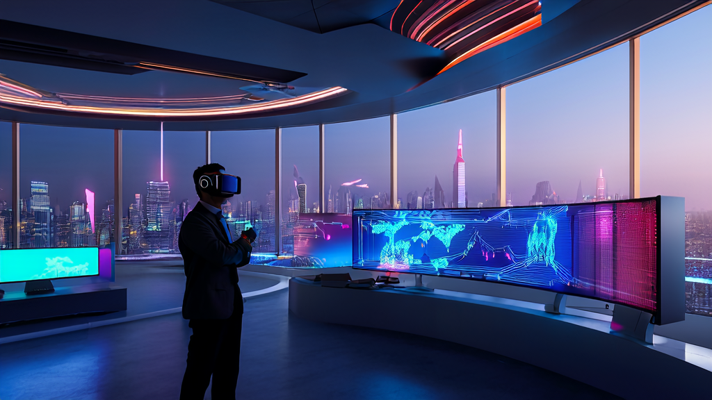 In a futuristic office, a data scientist optimizes precise customer acquisition strategies using an AI customer prediction model