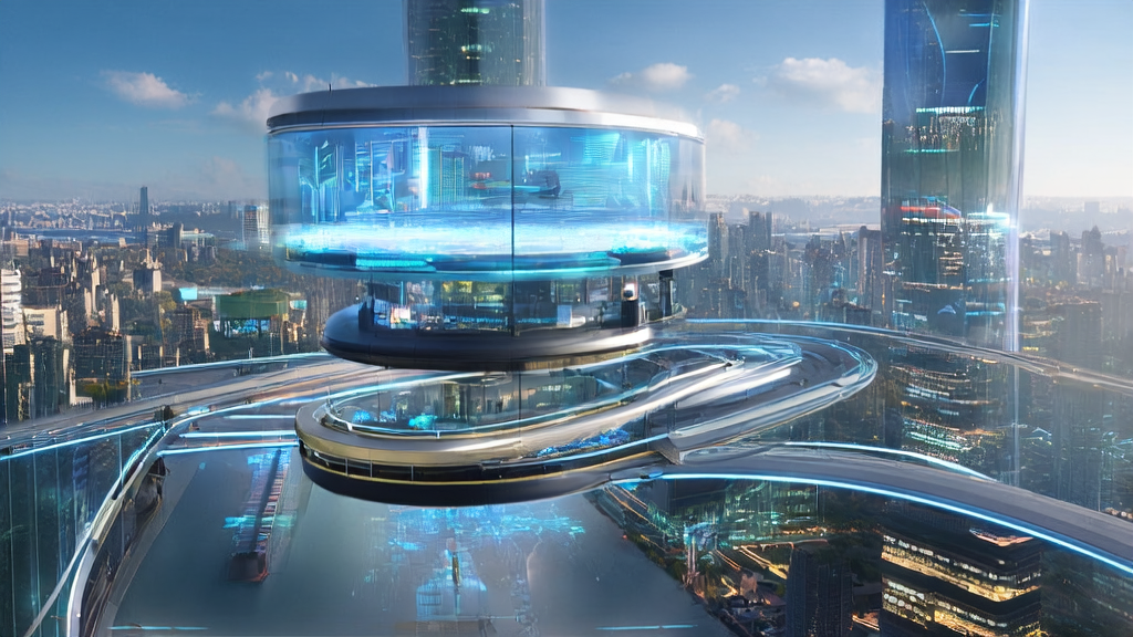 AI-driven precise ad placement center in a futuristic city, showcasing how AI technology optimizes ad targeting and enhances marketing ROI